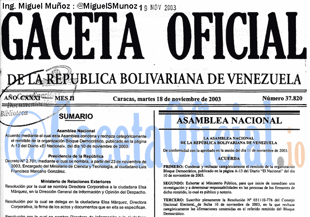 Gaceta Oficial 37820 del 18 Noviembre 2003