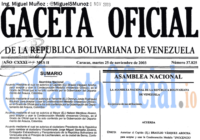 Gaceta Oficial 37825 del 25 Noviembre 2003