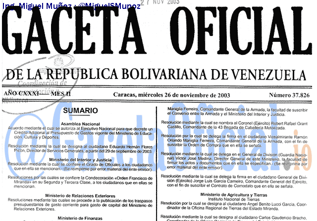Gaceta Oficial 37826 del 26 Noviembre 2003