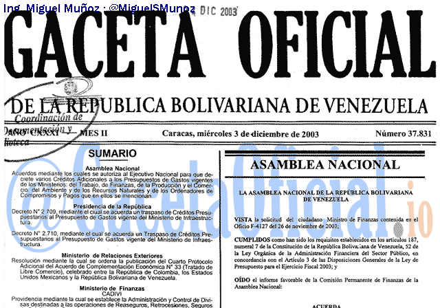 Gaceta Oficial 37831 del 3 Diciembre 2003