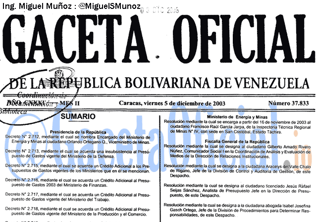 Gaceta Oficial 37833 del 5 Diciembre 2003