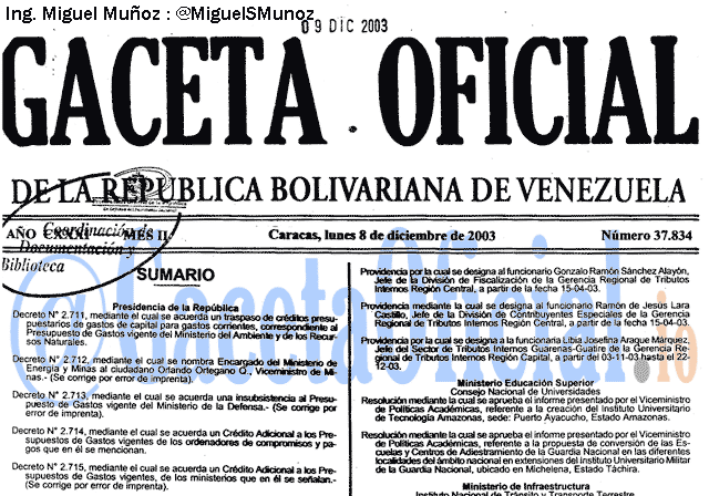 Gaceta Oficial 37834 del 8 Diciembre 2003