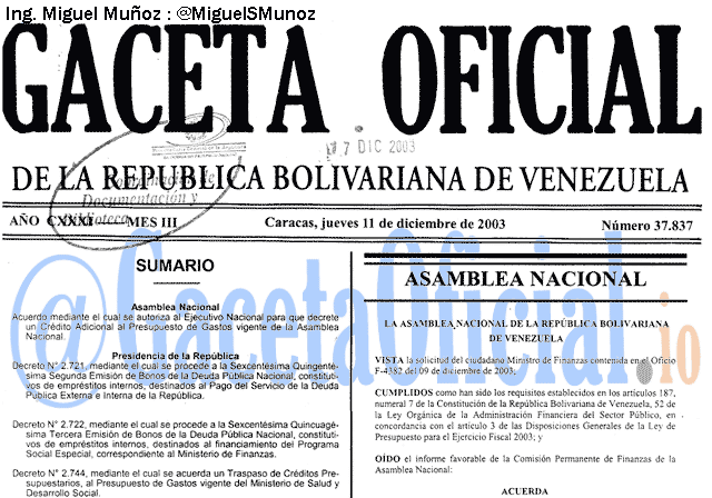 Gaceta Oficial 37837 del 11 Diciembre 2003