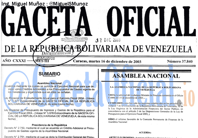 Gaceta Oficial 37840 del 16 Diciembre 2003