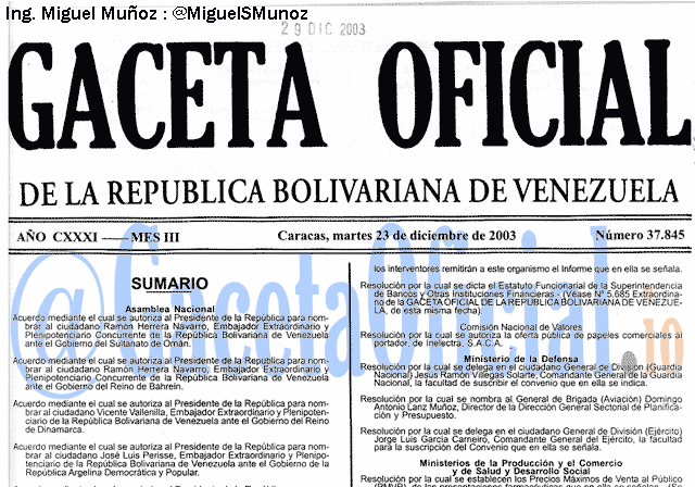 Gaceta Oficial 37845 del 23 Diciembre 2003