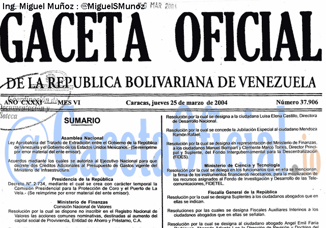 Gaceta Oficial 37906 del 25 Marzo 2004