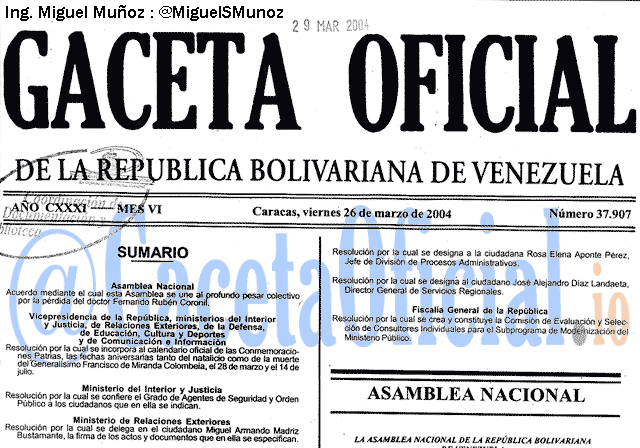 Gaceta Oficial 37907 del 26 Marzo 2004