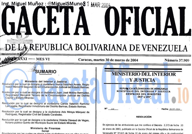 Gaceta Oficial 37909 del 30 Marzo 2004