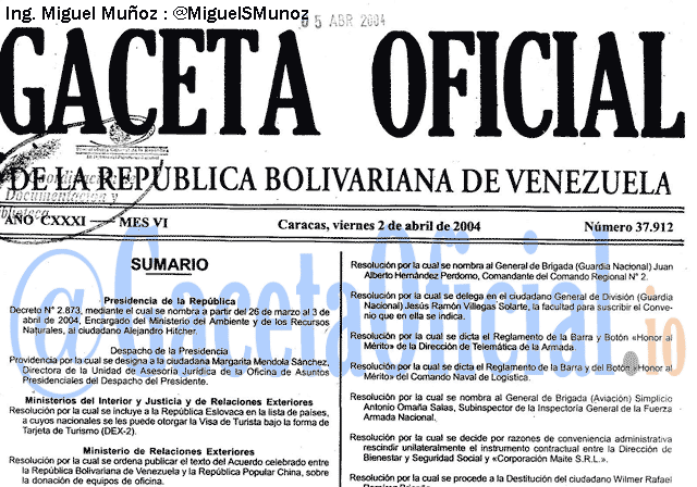 Gaceta Oficial 37912 del 2 Abril 2004