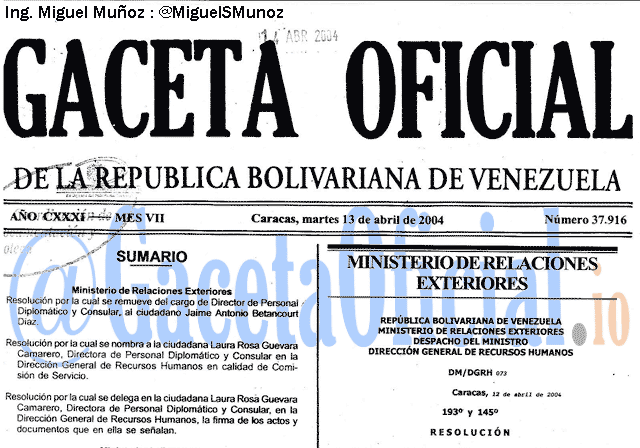 Gaceta Oficial 37916 del 13 Abril 2004