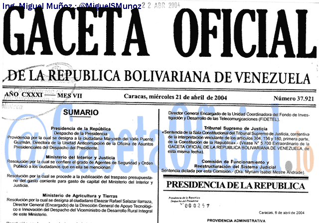 Gaceta Oficial 37921 del 21 Abril 2004