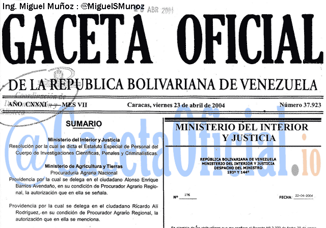 Gaceta Oficial 37923 del 23 Abril 2004