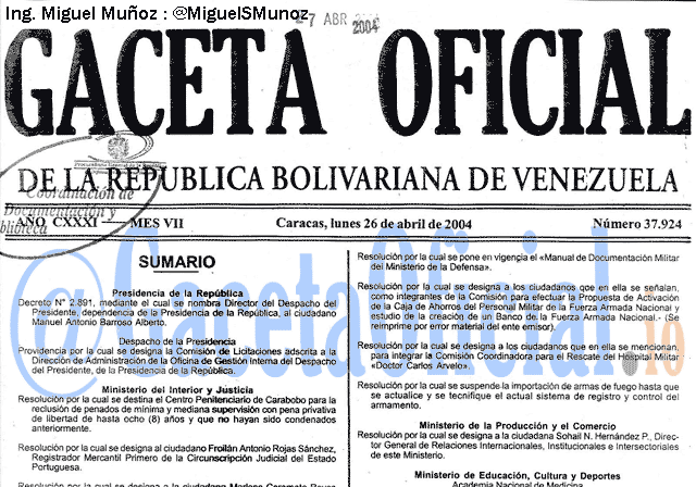 Gaceta Oficial 37924 del 26 Abril 2004