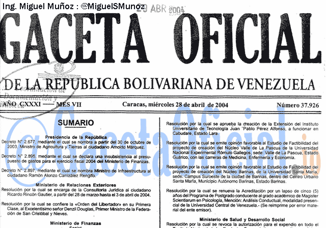 Gaceta Oficial 37926 del 28 Abril 2004