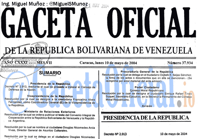 Gaceta Oficial 37934 del 10 Mayo 2004