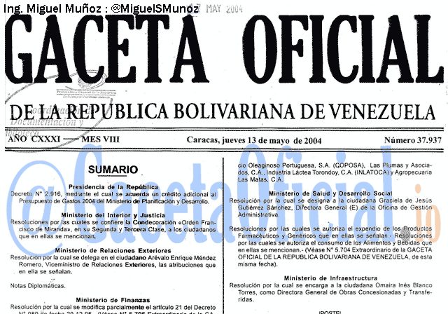 Gaceta Oficial 37937 del 13 Mayo 2004