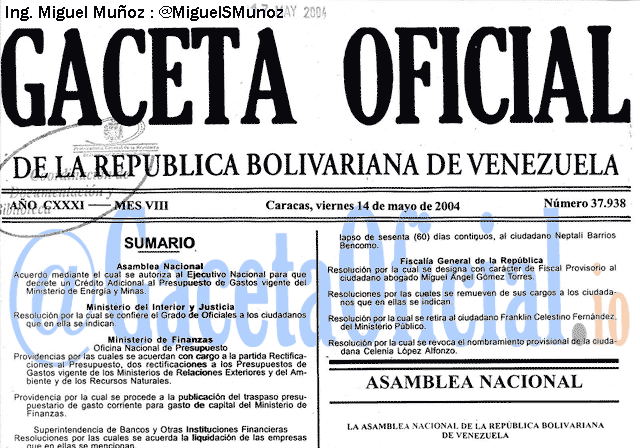 Gaceta Oficial 37938 del 14 Mayo 2004
