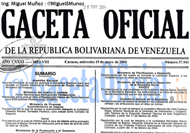 Gaceta Oficial 37941 del 19 Mayo 2004