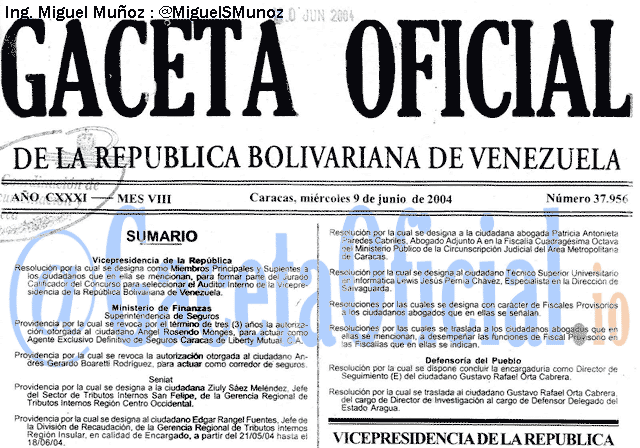 Gaceta Oficial 37956 del 9 Junio 2004