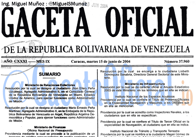 Gaceta Oficial 37960 del 15 Junio 2004