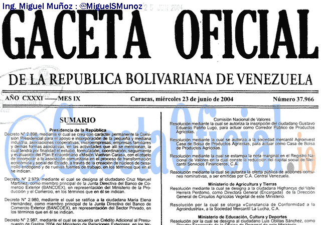 Gaceta Oficial 37966 del 23 Junio 2004