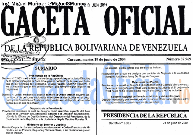 Gaceta Oficial 37969 del 29 Junio 2004