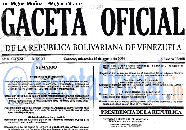 Gaceta Oficial 38008 del 25 Agosto 2004