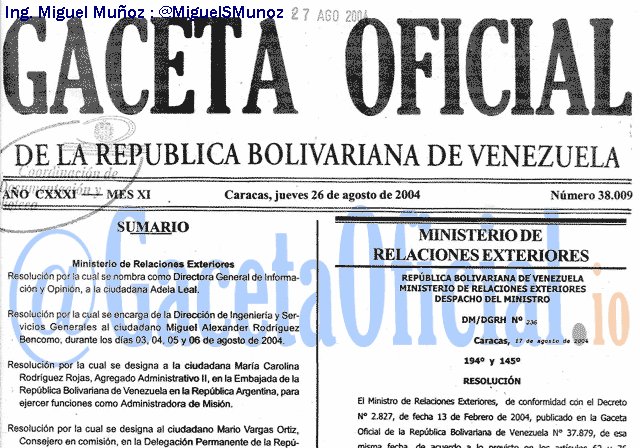 Gaceta Oficial 38009 del 26 Agosto 2004