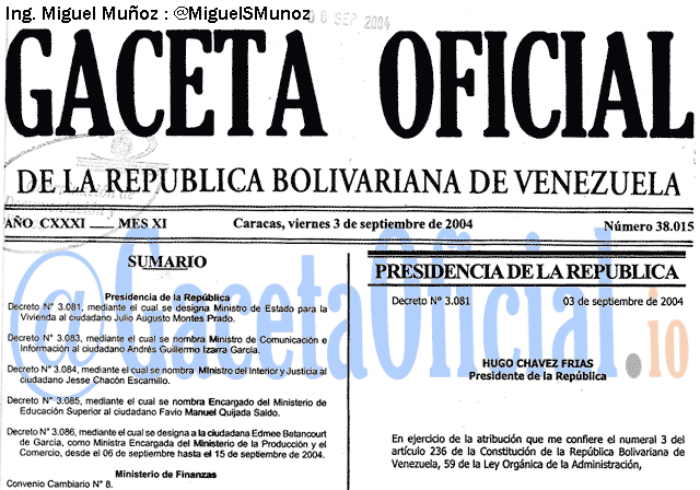 Gaceta Oficial 38015 del 3 Septiembre 2004