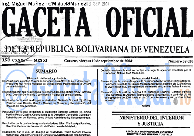 Gaceta Oficial 38020 del 10 Septiembre 2004