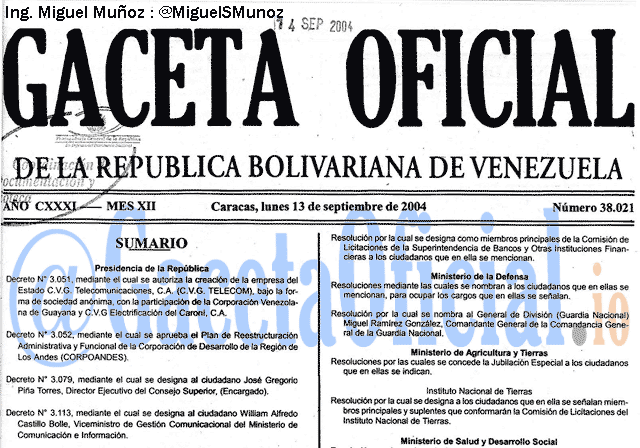 Gaceta Oficial 38021 del 13 Septiembre 2004