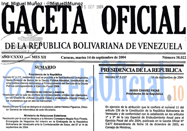 Gaceta Oficial 38022 del 14 Septiembre 2004