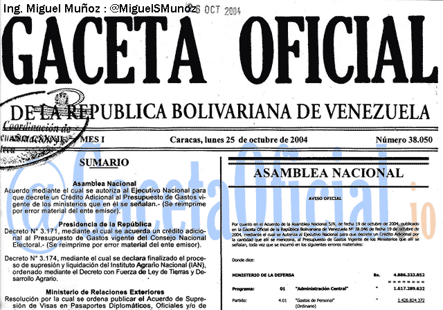 Gaceta Oficial 38050 del 25 Octubre 2004
