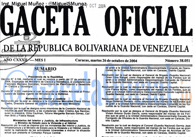 Gaceta Oficial 38051 del 26 Octubre 2004