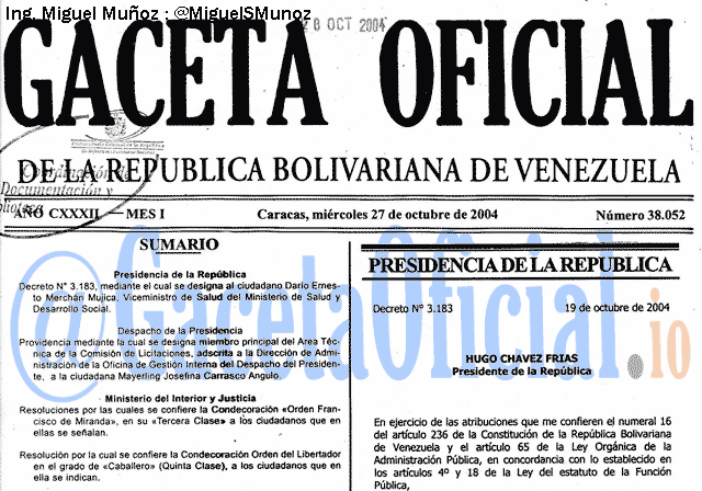 Gaceta Oficial 38052 del 27 Octubre 2004