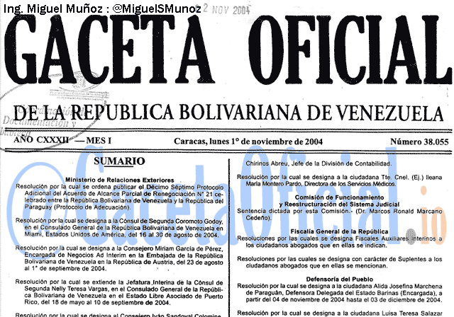 Gaceta Oficial 38055 del 1 Noviembre 2004