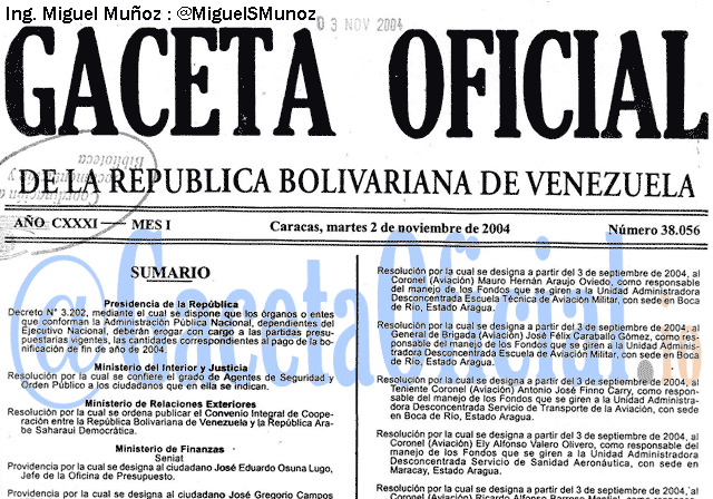 Gaceta Oficial 38056 del 2 Noviembre 2004