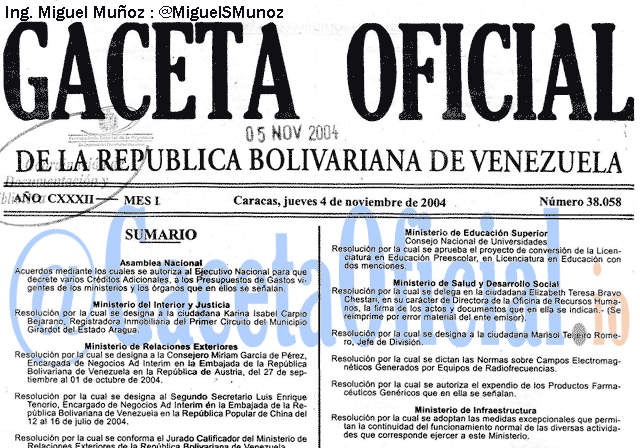 Gaceta Oficial 38058 del 4 Noviembre 2004