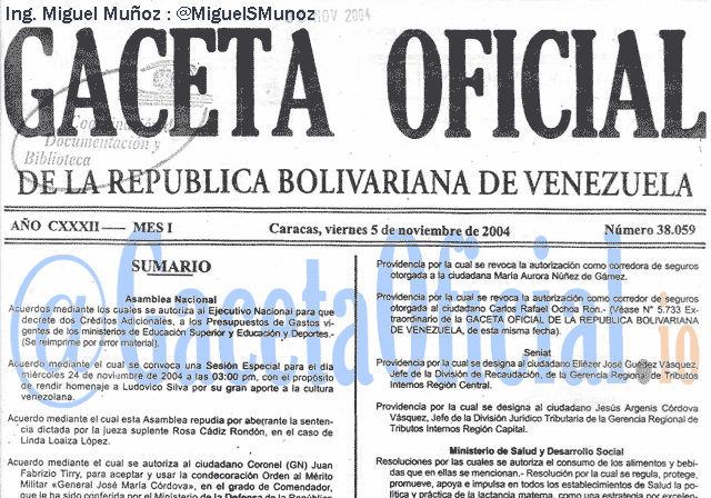 Gaceta Oficial 38059 del 5 Noviembre 2004