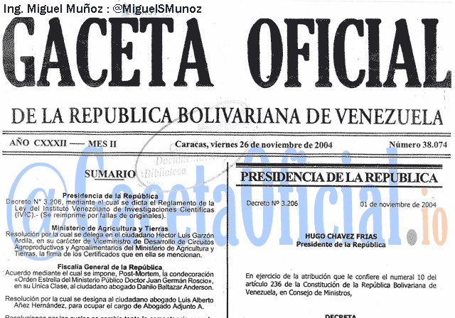 Gaceta Oficial 38074 del 26 Noviembre 2004