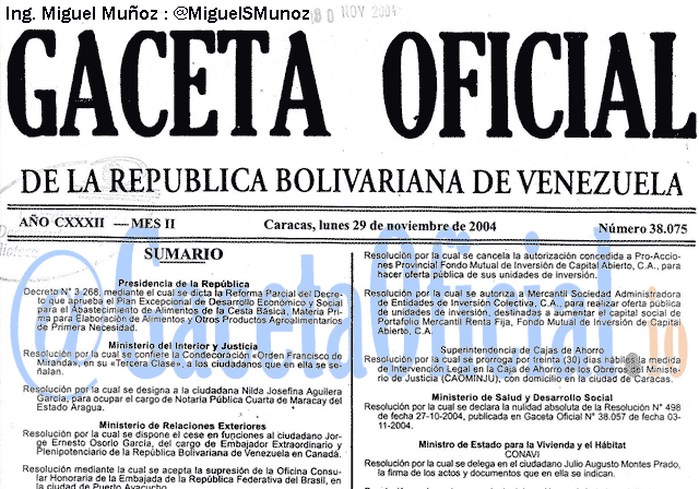 Gaceta Oficial 38075 del 29 Noviembre 2004