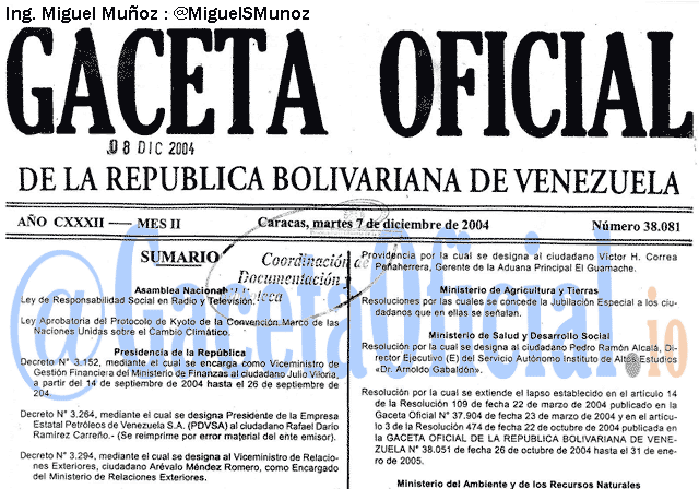 Gaceta Oficial 38081 del 7 Diciembre 2004