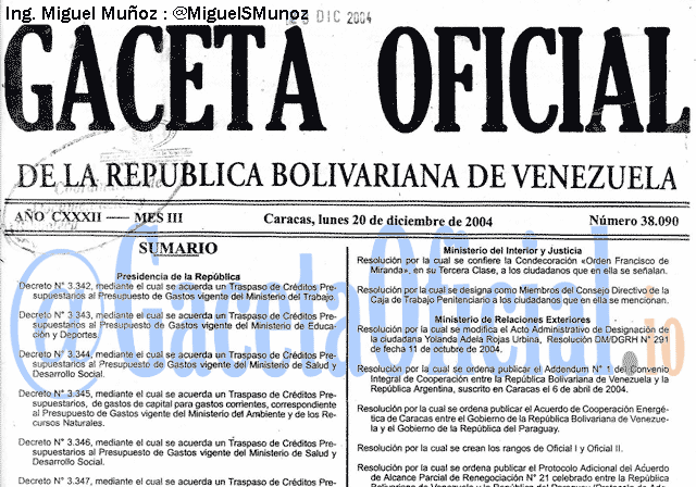 Gaceta Oficial 38090 del 20 Diciembre 2004