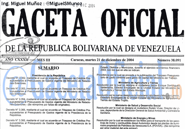 Gaceta Oficial 38091 del 21 Diciembre 2004