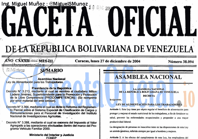 Gaceta Oficial 38094 del 27 Diciembre 2004