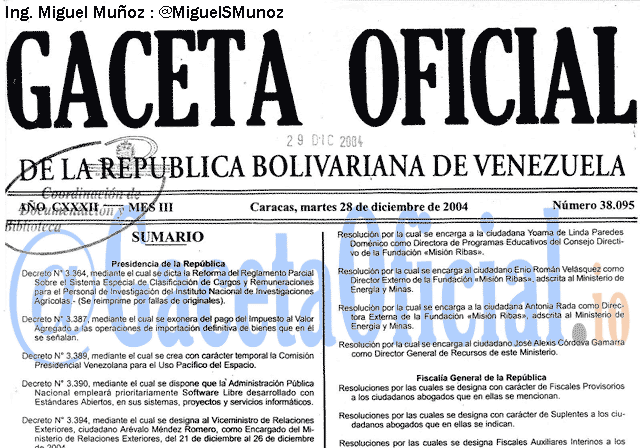 Gaceta Oficial 38095 del 28 Diciembre 2004