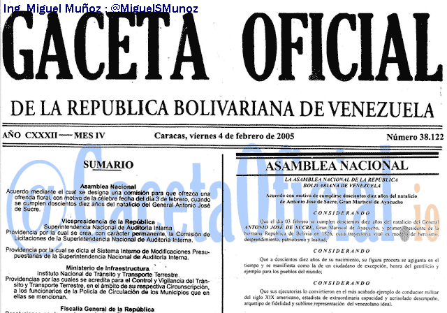 Gaceta Oficial 38122 del 4 Febrero 2005
