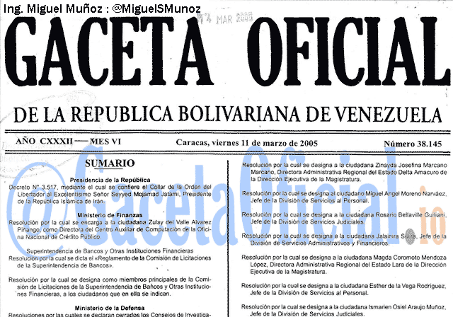 Gaceta Oficial 38145 del 11 Marzo 2005
