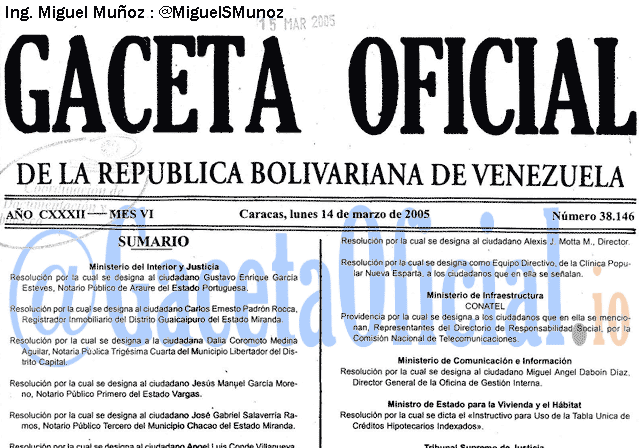 Gaceta Oficial 38146 del 14 Marzo 2005