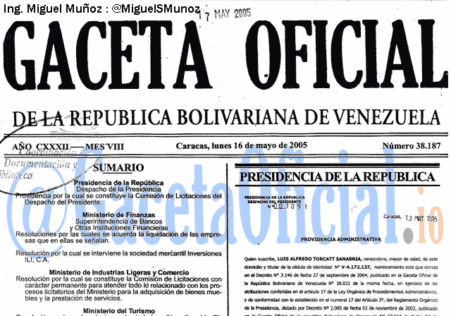 Gaceta Oficial 38187 del 16 Mayo 2005